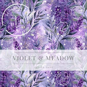 May include: A digital design featuring a watercolor floral pattern in shades of purple and lavender. The design includes sprigs of leaves and flowers, with the text "VIOLET & MEADOW DESIGN SHOP" at the bottom. The overall theme is floral and botanical.
