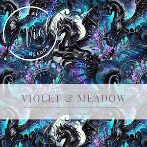 May include: A seamless pattern featuring black winged horses with glowing blue and purple wings, surrounded by crystals and stars on a dark blue background. The text "Violet & Meadow Design Shop" is at the bottom of the image.