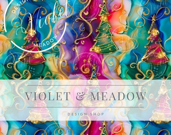 May include: A colorful abstract background with gold glitter and swirls.  The background features a repeating pattern of stylized Christmas trees with gold glitter and swirls.  The text "Designs by Violet & Meadow" appears at the top of the image.  The text "Design Shop" appears in the center of the image.