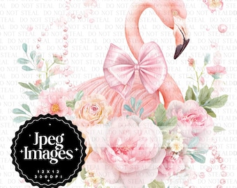 11 Pink Flamingo Clipart, Watercolor Flamingo with Pearls and Flowers, Preppy Nursery Decor, Sublimation, Digital Download, JPG