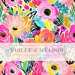 Könnte beinhalten: Ein nahtloses Muster mit leuchtenden, bunten Blumen in den Farben Rosa, Gelb, Orange und Blau. Die Blumen sind in einem lockeren, abstrakten Stil gemalt und auf einem weißen Hintergrund angeordnet. Der Text "VIOLET & MEADOW DESIGN SHOP" ist in grauer Schrift am unteren Rand des Musters gedruckt.