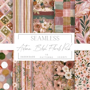 May include: A collection of ten seamless Autumn Blush Florals patterns. The patterns feature floral and botanical designs in shades of pink, peach, and green. The image includes the text "SEAMLESS Autumn Blush Florals Pack" and the dimensions 3600x3600.