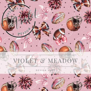 May include: A pink and brown seamless pattern featuring footballs, cheerleading pom-poms, bows, and helmets. The pattern is decorated with black polka dots. The text "Designs by Violet Meadow" is in the top left corner of the pattern.