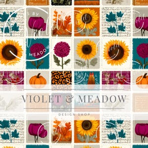 May include: A repeating pattern of postage stamp designs featuring sunflowers, pumpkins, and floral illustrations. The stamps are in various colours, including orange, teal, and burgundy, with the text "VIOLET & MEADOW DESIGN SHOP".