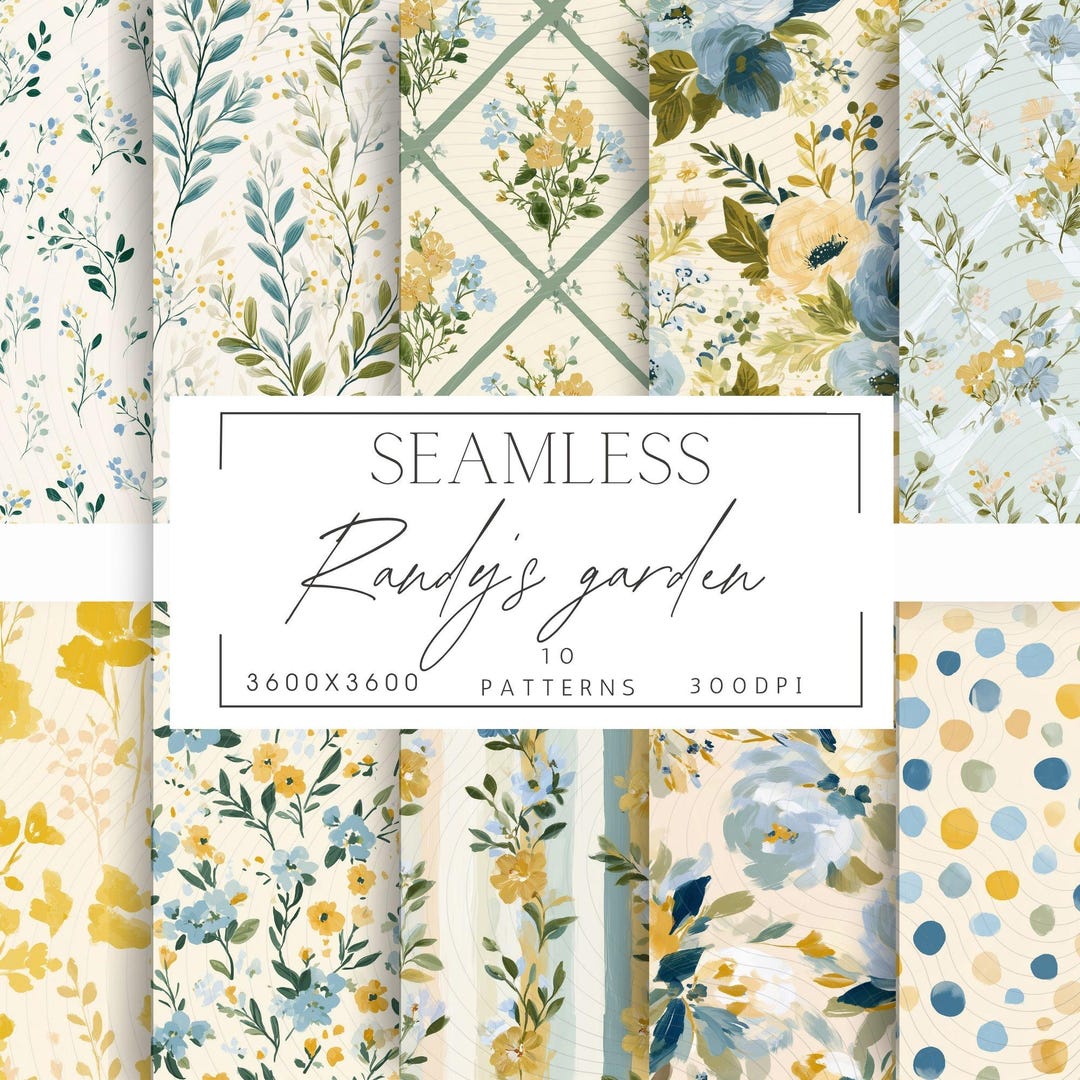 Seamless Floral Digital Paper Pack | Yellow Blue Cottagecore Garden ...