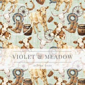 May include: A repeating pattern featuring watercolor illustrations of calves, cowboy boots, wagon wheels, rope, and steer skulls. The design includes the text "VIOLET & MEADOW DESIGN SHOP" in a decorative font, set against a light green background.
