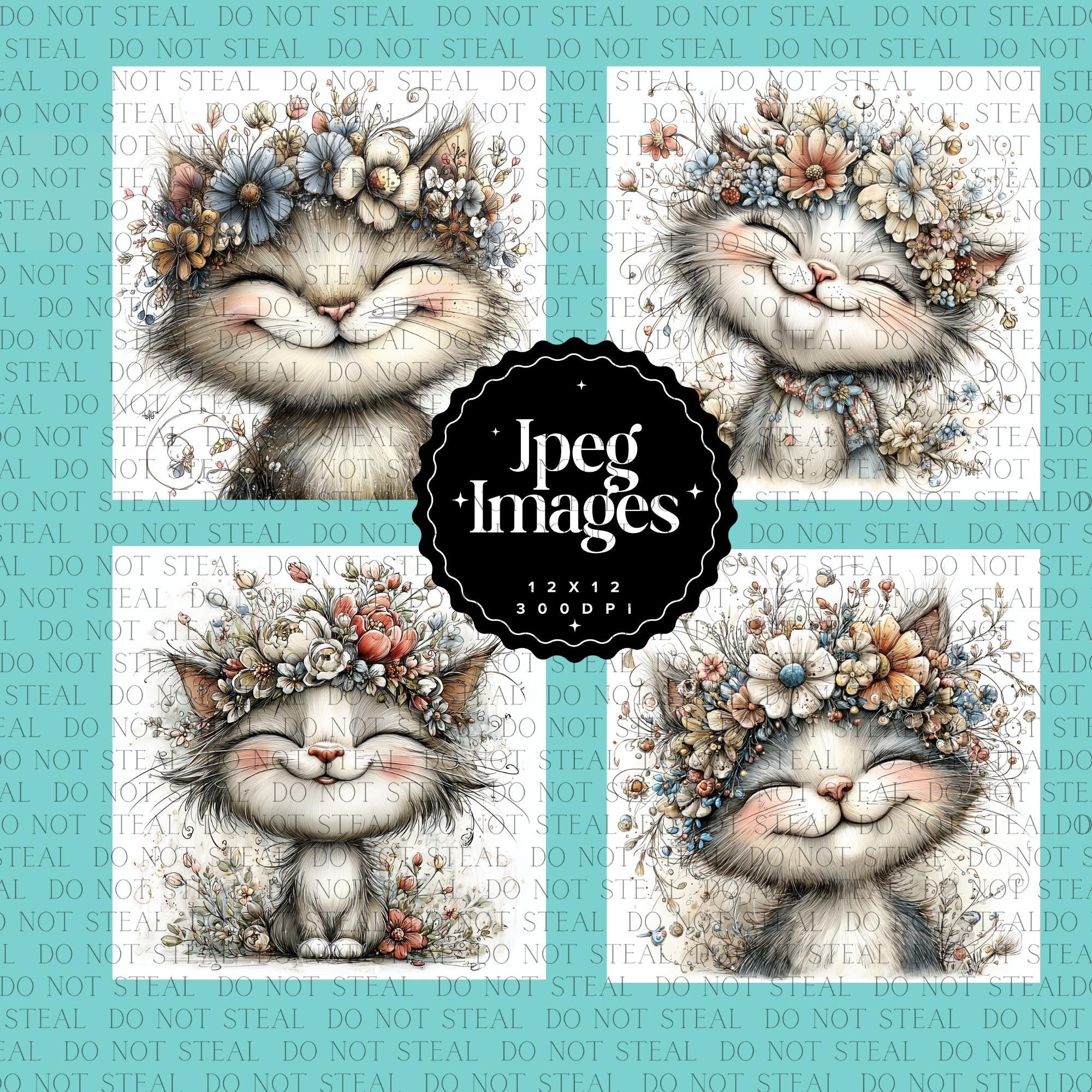 10 Cute Cat Clipart Jpeg – Floral Baby Cat PNG for Nursery Wall Art ...