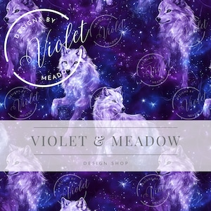 May include: A seamless pattern featuring white wolves with a glowing purple and blue galaxy background. The text "Designs by Violet Meadow" appears in a circle throughout the pattern.