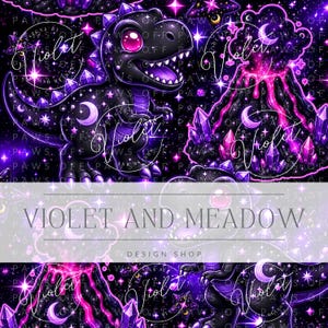 May include: A digital illustration featuring a black dinosaur with large pink eyes, surrounded by purple crystals, stars, and moons against a dark cosmic background. A volcano erupts with pink lava. The text VIOLET AND MEADOW DESIGN SHOP is visible.