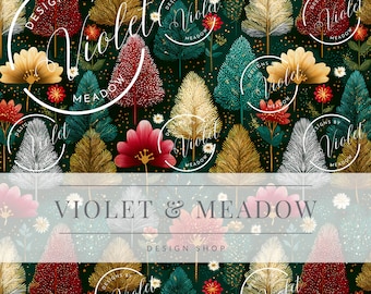 May include: A repeating pattern featuring stylized trees and flowers in shades of red, gold, teal, and white against a dark green background. The text "Violet & Meadow Design Shop" is displayed across the center.