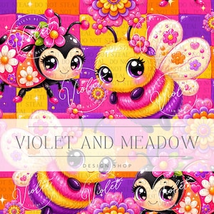 Könnte beinhalten: Eine digitale Illustration mit zwei Marienkäfern und zwei Bienen mit großen Augen, verziert mit rosa und orangefarbenen Blumen. Der Hintergrund besteht aus einem violetten und orangefarbenen Karomuster. Der Text VIOLET AND MEADOW DESIGN SHOP ist zentriert.