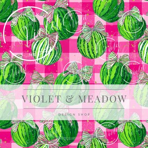 May include: A repeating pattern of green watermelons with striped details and pink bows on a pink and white checkered background. The text "VIOLET & MEADOW DESIGN SHOP" is displayed across the center of the image.