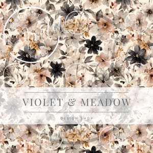Peut inclure: Motif floral avec un fond crème et des fleurs aquarelles noires, grises et marron. Le design comprend le texte "VIOLET & MEADOW DESIGN SHOP" dans une bannière et des logos de texte circulaires.