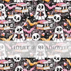 May include: A repeating pattern featuring cartoon ghosts reading books, skulls, bats, candy corn, and stacks of books on a black background with stars. The design includes the text "VIOLET & MEADOW DESIGN SHOP".