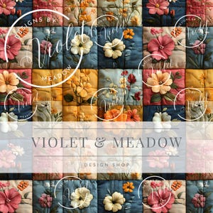 May include: A patchwork design with floral patterns in pink, yellow, and blue. The design includes the text "VIOLET & MEADOW DESIGN SHOP" and the words "DESIGNS BY Violet MEADOW" in a circular logo.