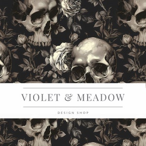 Puede incluir: Un patrón sin costuras con un fondo oscuro con rosas blancas y cráneos humanos. El texto "VIOLET & MEADOW DESIGN SHOP" está centrado en una pancarta blanca.
