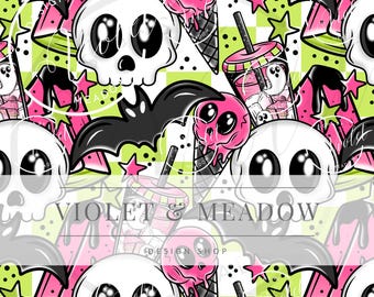 Padrão sem costura Coquette Halloween | Outono, Fantasma, Caveiras fofas, Esqueleto, Morcegos, Garota assustadora, Halloween, Sem costura, Padrão repetitivo