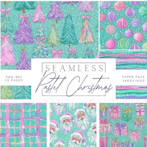 May include: A collection of seamless digital papers with a pastel Christmas theme. The designs feature Christmas trees, ornaments, Santa Claus faces, gift boxes, and plaid patterns in shades of pink, purple, teal, and gold. The text "SEAMLESS Pastel Christmas" is displayed.