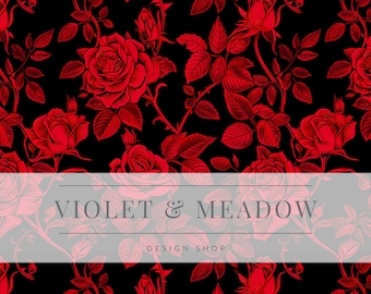 Dark Red Thorn Roses Fall Flowers | Gothic Flowers Seamless Repeat Pattern | Backgrounds | Printable Digital Download