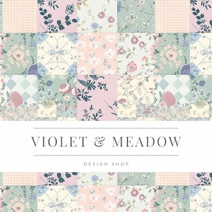 Może przedstawiać: Wzór patchwork z kwiatowymi wzorami w pastelowych kolorach, w tym różowym, niebieskim i zielonym. Projekt zawiera tekst "VIOLET & MEADOW DESIGN SHOP" w czcionce bezszeryfowej.