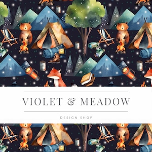 May include: Watercolor illustration of a camping scene with bears, foxes, tents, mountains, trees, and stars. The text "VIOLET & MEADOW DESIGN SHOP" is at the bottom of the image.