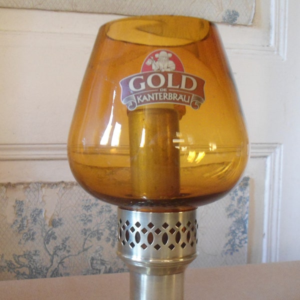 Lampe bougeoir photophore publicitaire Bière Gold de Kanterbrau spécialement réalisée  par Mason Candle Lamp Divi Standex Bredbury H : 24 cm