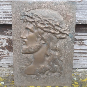 Placa de bronce Jesucristo con la corona de espinas Altura: 26 cm Pasión de Cristo Bajorrelieve