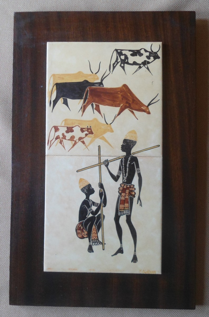 Large ceramic tile painting by Y 39 cm Ginther Tananarive Decor Bergers and Zebu 50s 60 Crafts Madagascar Height