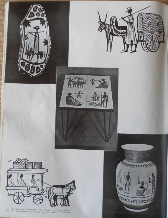 Large ceramic tile painting by Y 39 cm Ginther Tananarive Decor Bergers and Zebu 50s 60 Crafts Madagascar Height