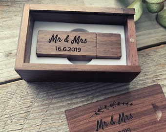 Personalised Wooden Wood USB Flash Drive With Box - Walnut Maple -  Wedding Anniversary Photography Logo Gift - 8GB 16GB 32GB 64GB