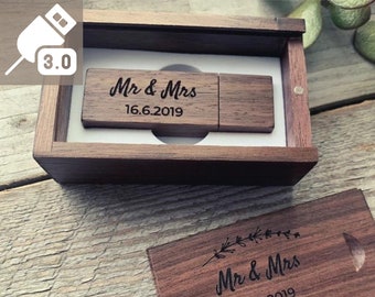 USB 3.0 - Personalised Wooden Wood USB Flash Drive With Box - Walnut Maple -  Wedding Anniversary Photography Logo Gift - 8GB 16GB 32GB 64GB