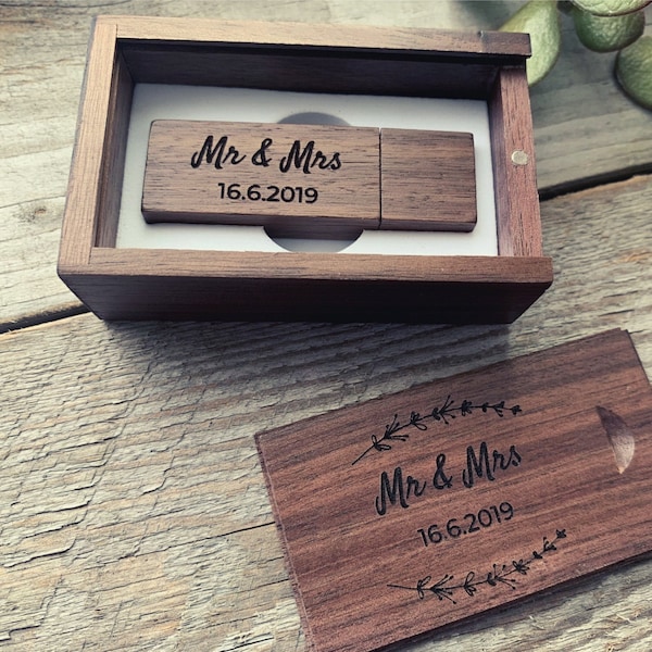 Personalised Wooden Wood USB Flash Drive With Box - Walnut Maple -  Wedding Anniversary Photography Logo Gift - 8GB 16GB 32GB 64GB