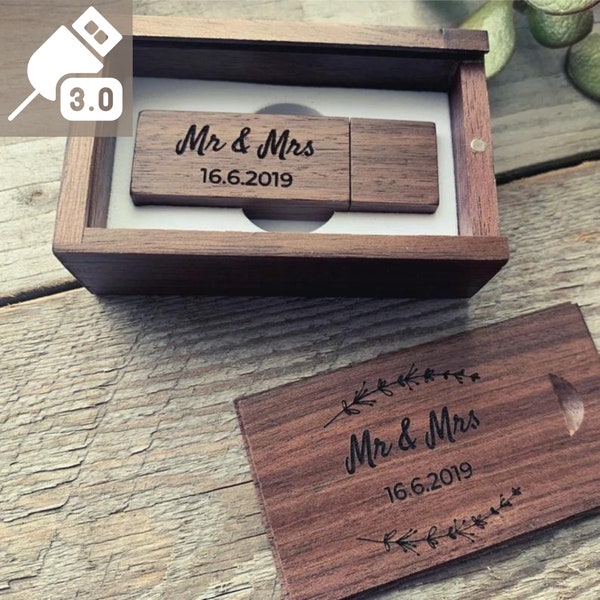 USB 3.0 - Clé USB personnalisée en bois en bois avec boîte - Noyer érable - Cadeau logo photographie d'anniversaire de mariage - 8 Go 16 Go 32 Go 64 Go