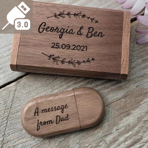 USB 3.0 Personalised Wooden Wood USB Flash Drive Stick With Box - Walnut Maple - Wedding Anniversary Christening Birthday Gift - 8GB - 64GB