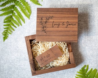 Personalised Wooden Wood Block USB Flash Drive With Square Walnut Gift Box -  Wedding Anniversary Photography Logo Gift - 4GB - 64GB