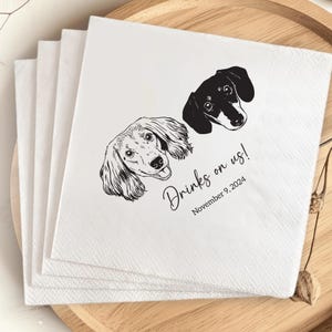 Personalised Pet Photo Napkins for Weddings – Custom Dog or Cat Illustration & Text – Cocktail Napkins