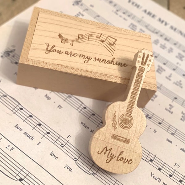 Personalised Wooden Wood USB Guitar With Box  Mix Tape Gift Logo Wedding Music Birthday 8 32 64GB - Laser Engraved