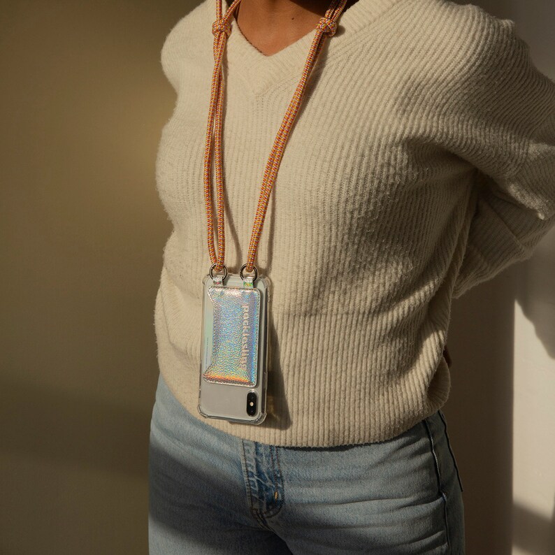 With Cardholder Crossbody Phonecase Case with Cord Holographic iPhone Mobile Phone Chain Phone
