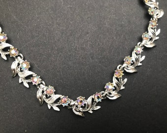Vintage Coro Style Silver Tone and Blue AB Rhinestone Leaf and Flower Link Necklace, Wedding Jewellery