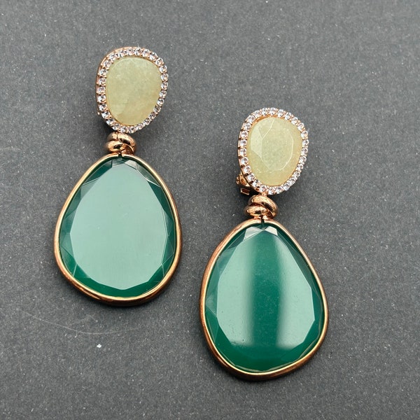 Vintage Monica Vinader Style Rose Gold Plated and Green Stone Drop Earrings for Pierced Ears