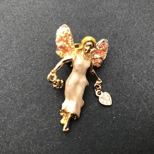 Vintage Signed Kirks Folly Gold Tone, Crystal and Enamel Angel Fairy Pin