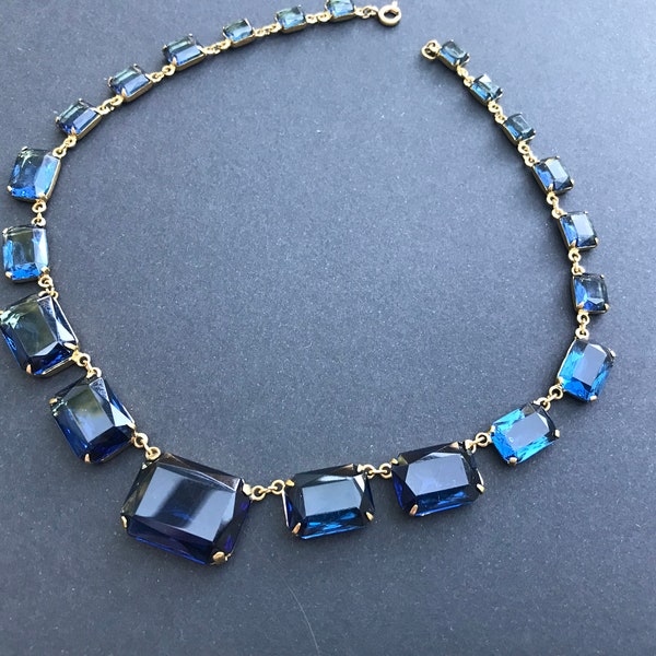 Vintage Gold Tone and Graduated Sapphire Glass Bezel Set Open Backed Necklace