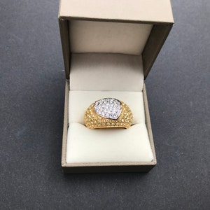 Vintage Gold and Silver Tone and Crystal Heart Bombe Shaped Ring, Size P, US 7.5.