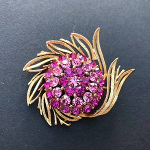 vintage Signé Lisner Gold Tone et Broche florale en strass rose