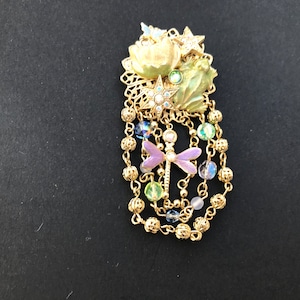 Vintage Signed Kirks Folly Gold Tone and Enamel Drape Filigree Brooch Pin