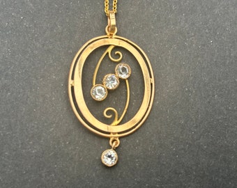 Vintage Antique  9ct Gold and Paste Art Nouveau Oval Pendant Necklace, Wedding Jewellery.