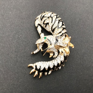 Vintage Oriental Style Gold Tone, Crystal and Black Enamel Tiger Brooch Pin