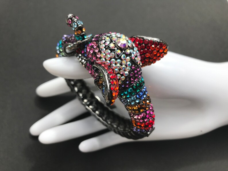 Vintage Butler shops & Wilson Signed Gunmetal Tone Multi-coloured Elephant Cuff Bangle Bracelet