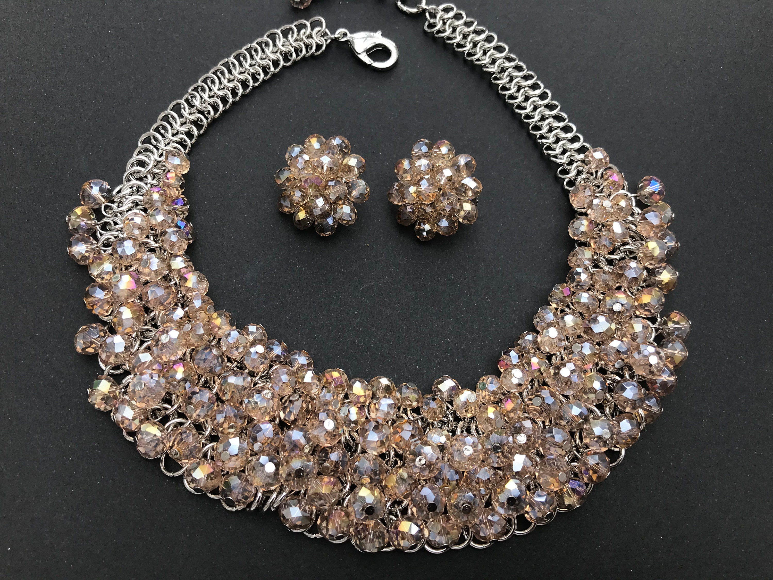 Collana con bavaglino e orecchini a clip vintage in cristallo champagne color argento Paolo Petrone Etsy Italia