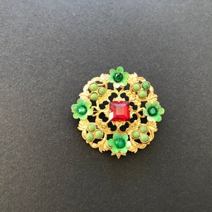 Vintage Czech Art Deco Round Gilt Metal Coloured Red Paste and Green Stone Floral Brooch Pin